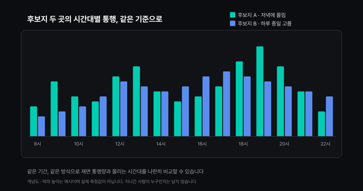 두 후보지의 시간대별 통행 패턴을 같은 기준으로 비교하는 개념도